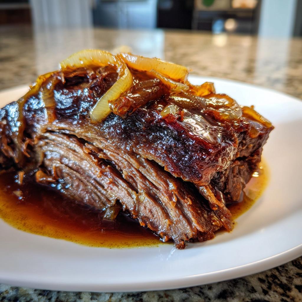 Tender beef brisket in aromatic balsamic onion sauce