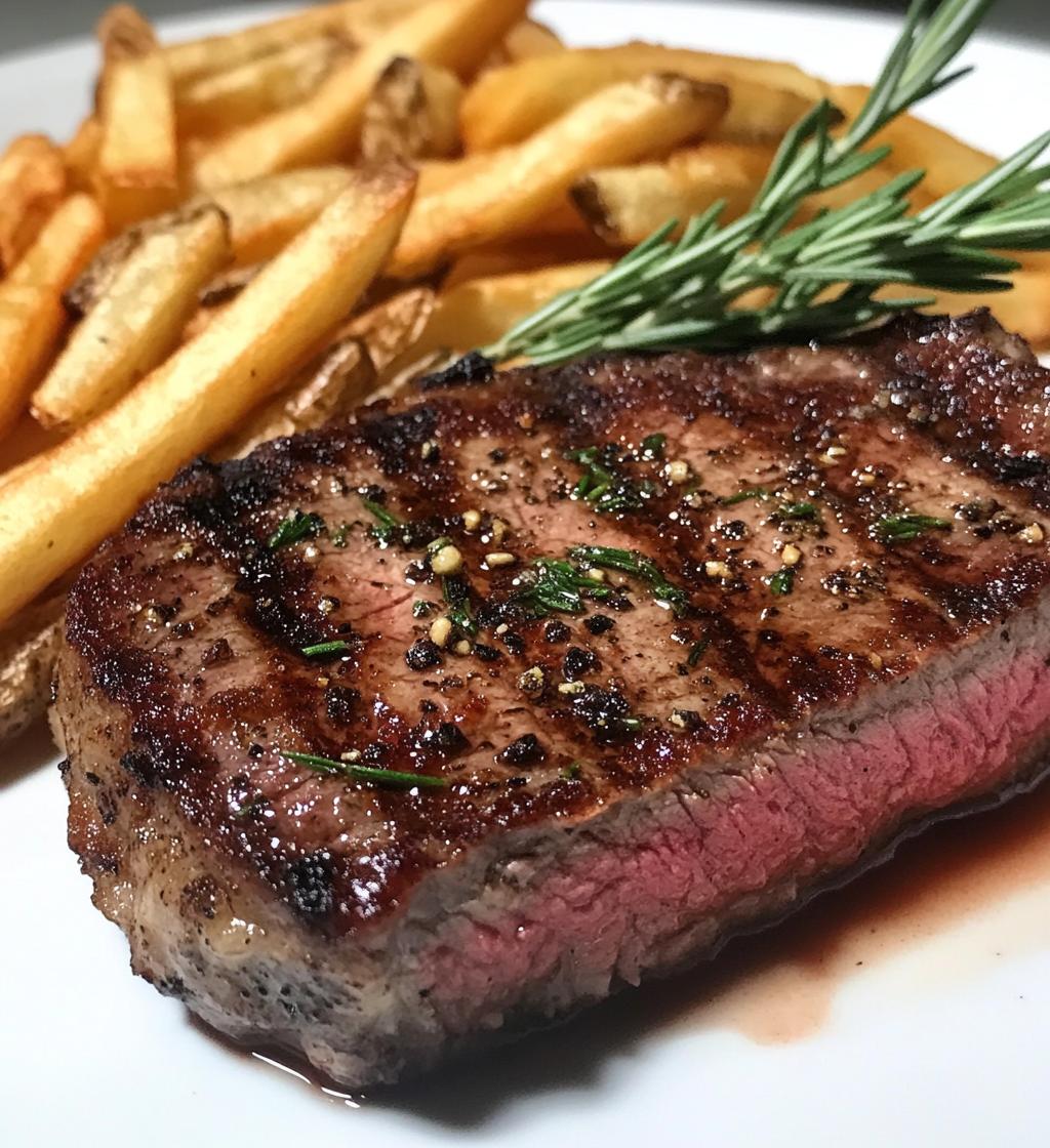 Tender ribeye steak in aromatic garlic butter with crispy fries - detail 1
