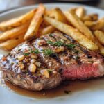 Tender ribeye steak in aromatic garlic butter with crispy fries