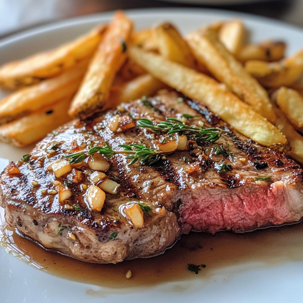 Tender ribeye steak in aromatic garlic butter with crispy fries
