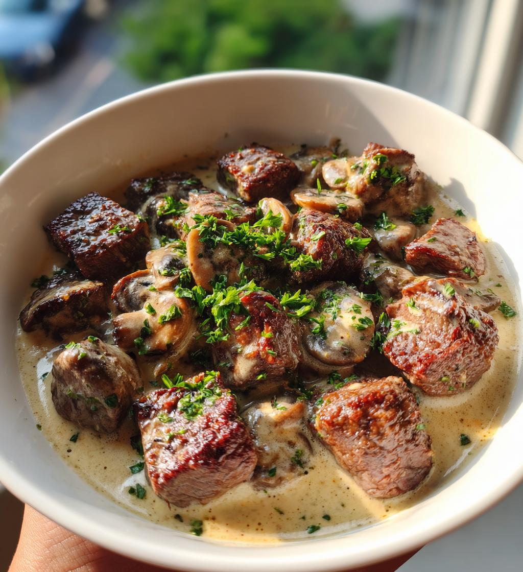 Tender steak bites in creamy garlic mushroom sauce - detail 1