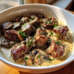 Tender steak bites in creamy garlic mushroom sauce
