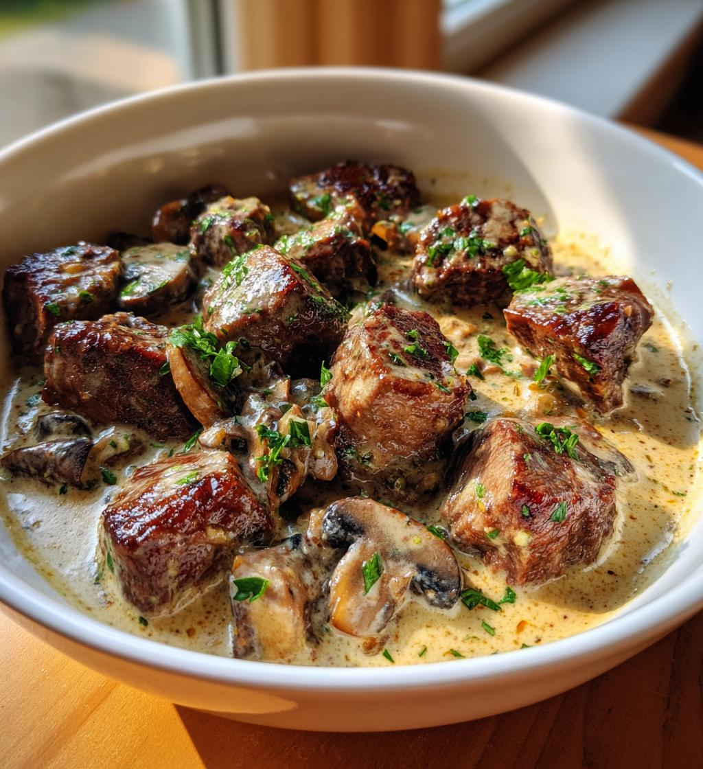 Tender steak bites in creamy garlic mushroom sauce