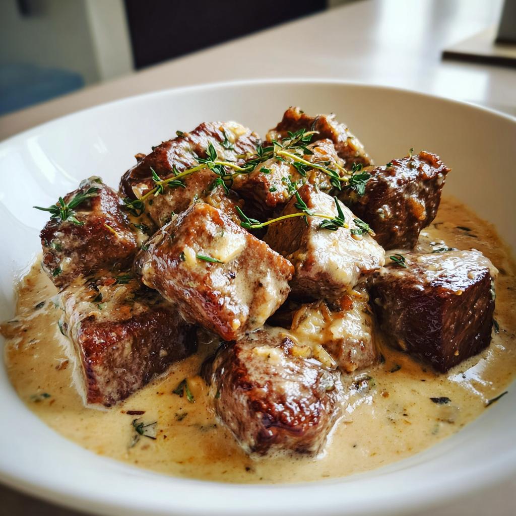 Tender steak cubes in tempting parmesan cream sauce - detail 1