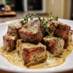 Tender steak cubes in tempting parmesan cream sauce
