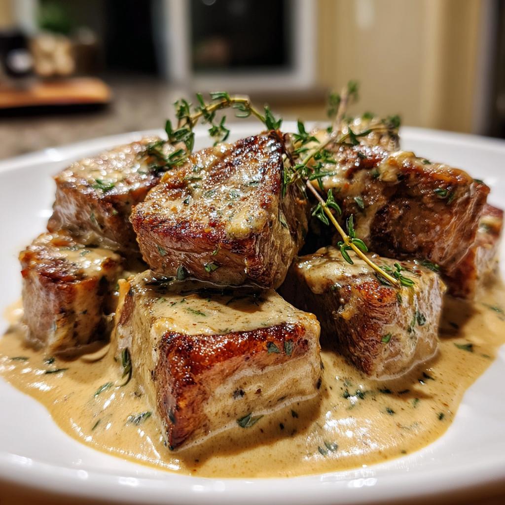 Tender steak cubes in tempting parmesan cream sauce