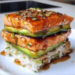Teriyaki Salmon Avocado Rice Stack