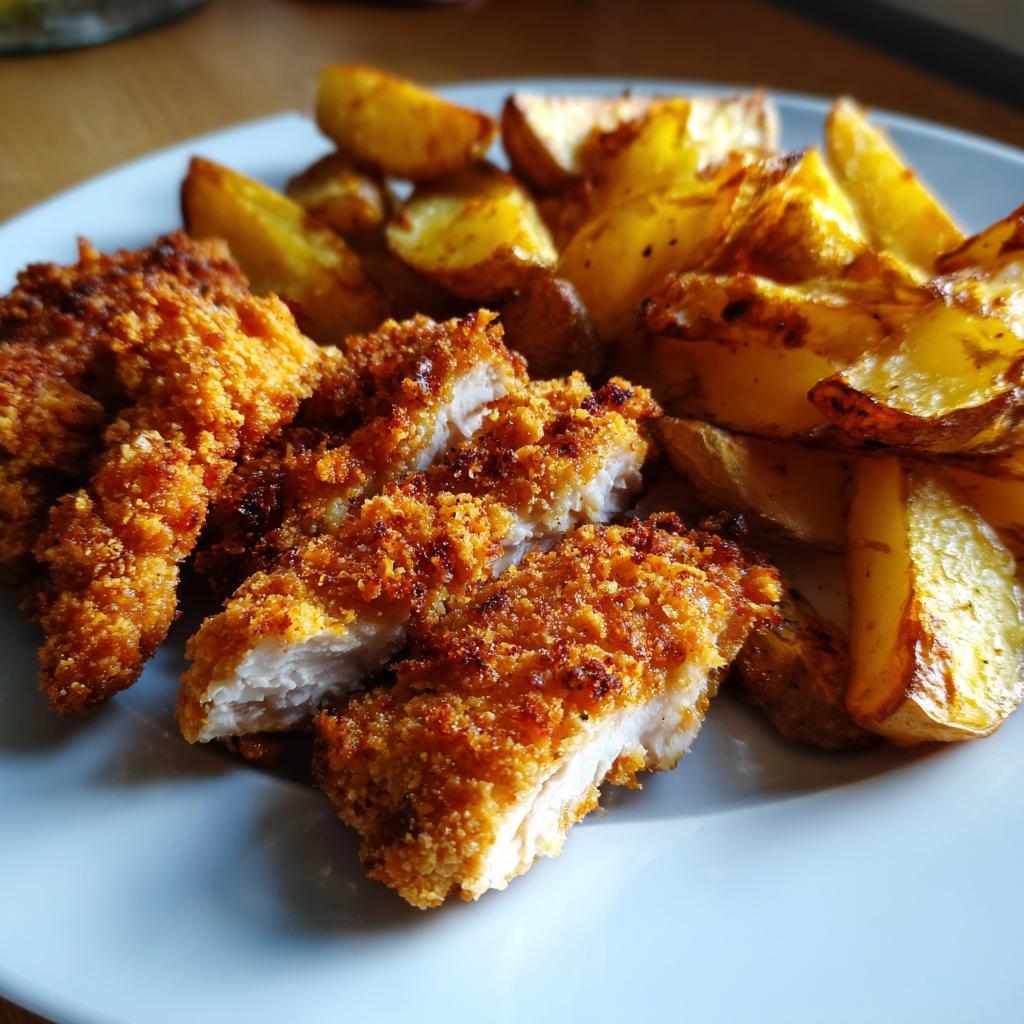 The tradition of raising chicken fingers was served with fried potatoes. - detail 1