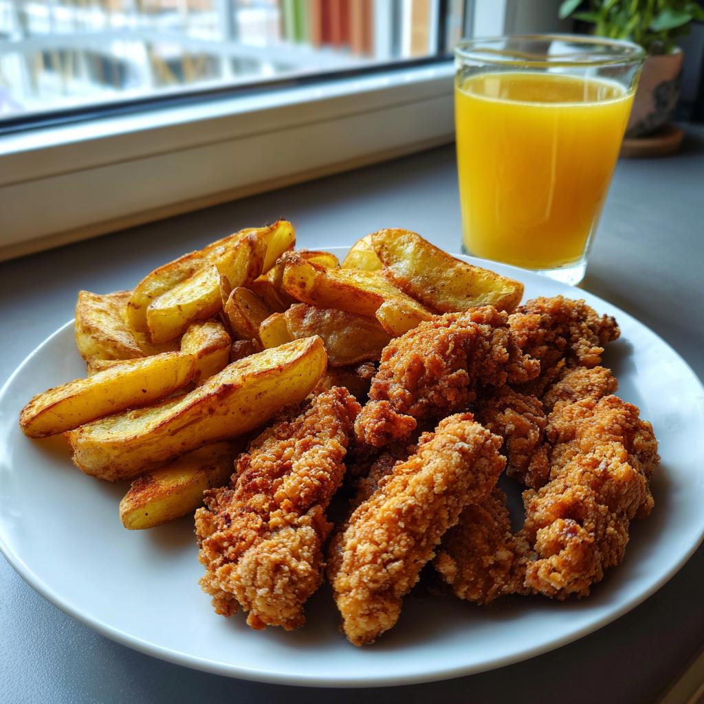 The tradition of raising chicken fingers was served with fried potatoes and cold juice. - detail 1