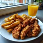The tradition of raising chicken fingers was served with fried potatoes and cold juice.
