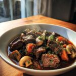 Traditional French beef stew with mushrooms