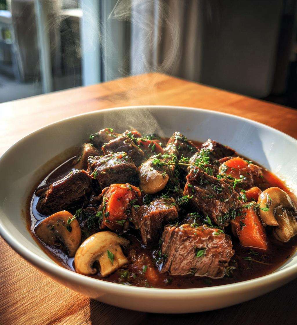Traditional French beef stew with mushrooms