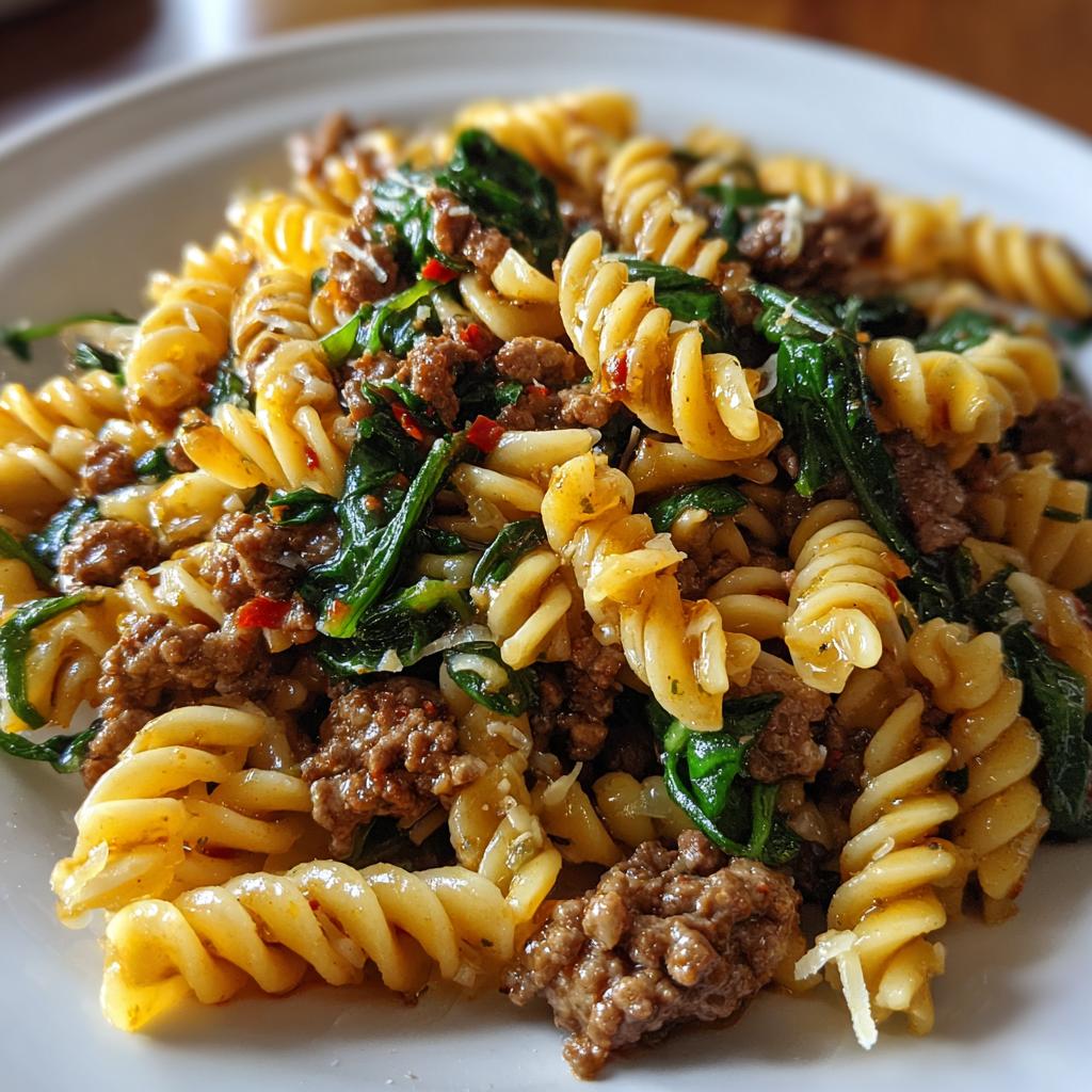 Weeknight Garlic Butter Rotini with Beef, Italian Sausage and Spinach - detail 1