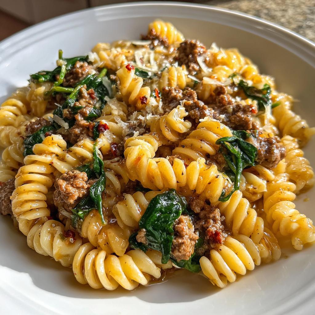 Weeknight Garlic Butter Rotini with Beef, Italian Sausage and Spinach