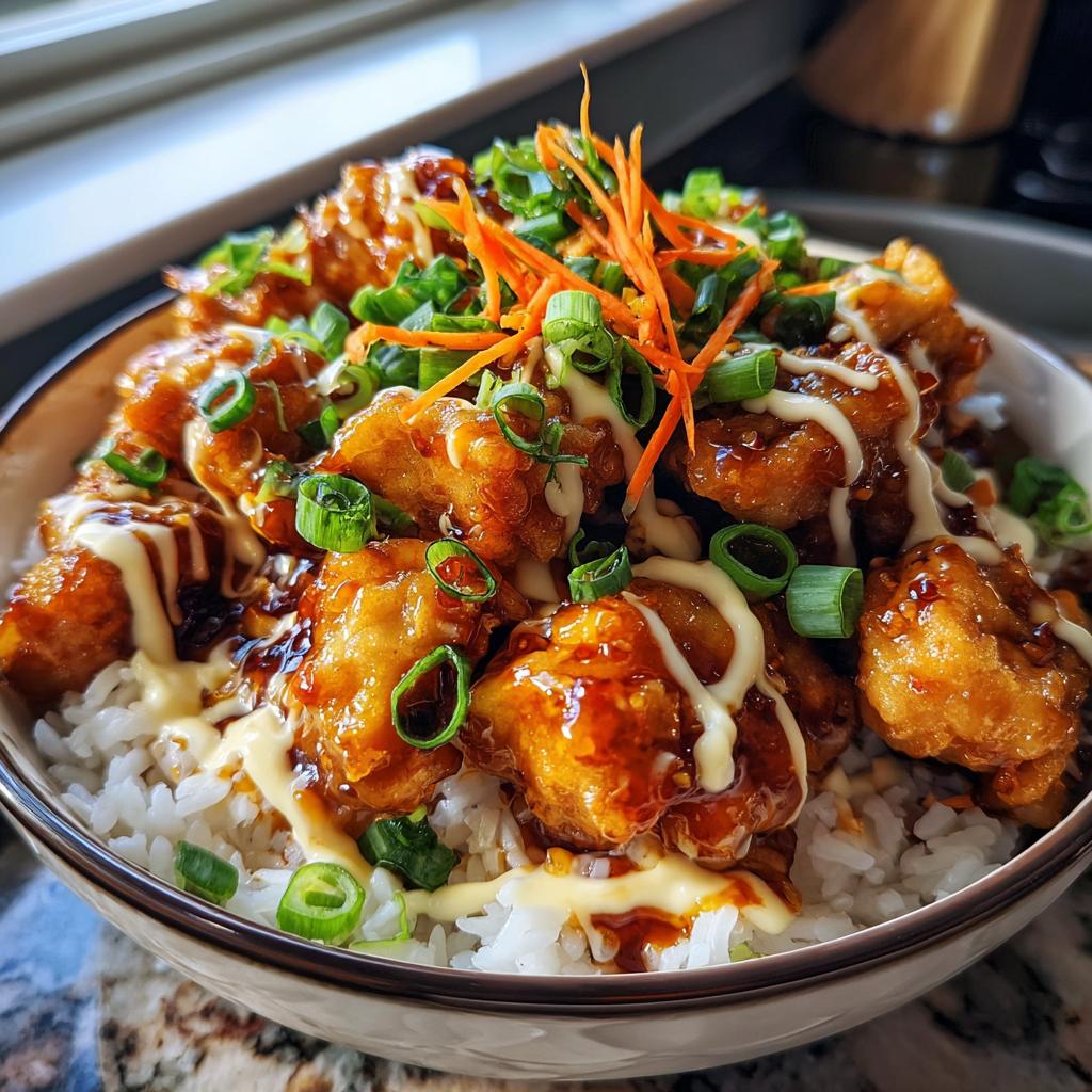 spicy honey ginger chicken bowls with yum yum sauce