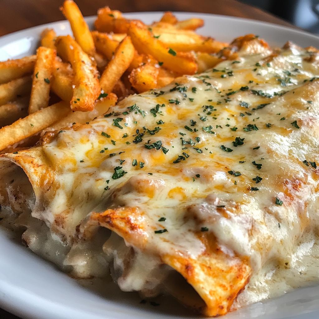 38g Protein Chicken Enchiladas with White Sauce and Crispy Fries