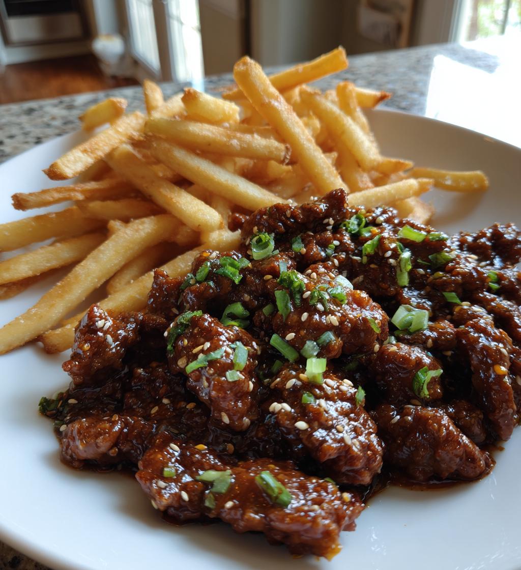 A Korean-style ground beef dish featuring tender and flavorful ground beef covered in a glaze, served with French fries.