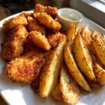 Air Fryer Chicken Nuggets with Garlic Potato Wedges