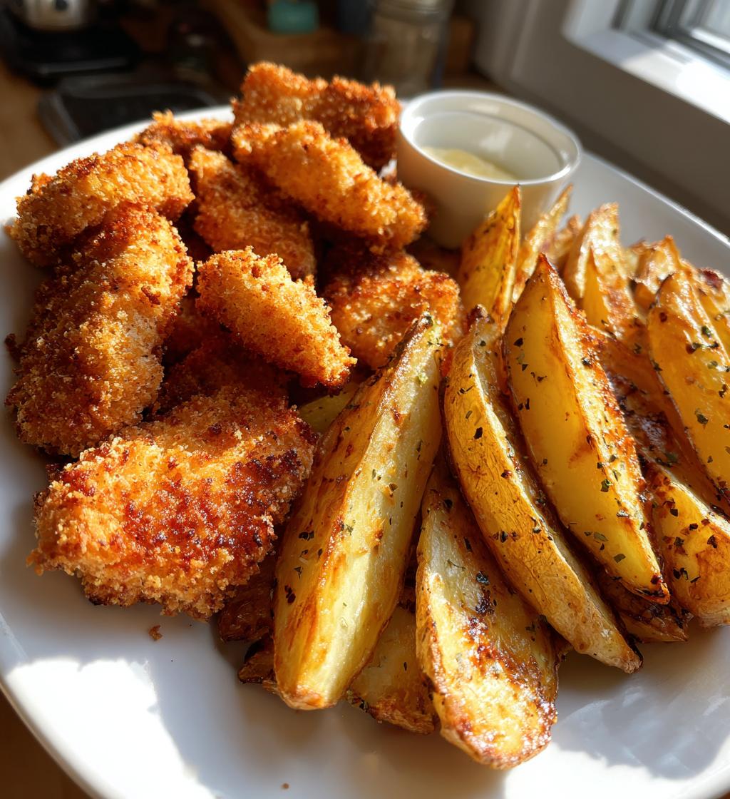 Air Fryer Chicken Nuggets with Garlic Potato Wedges