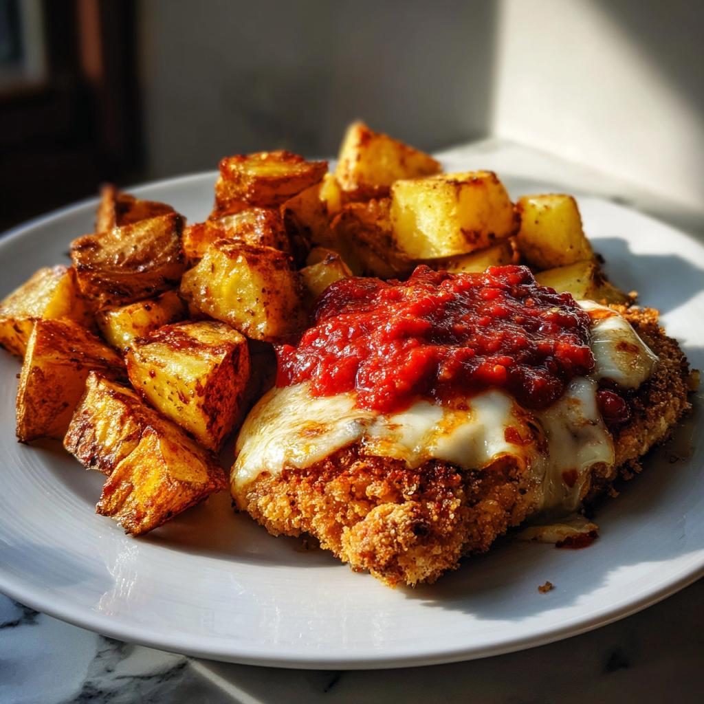 Baked Chicken Parmesan with Golden Potato Cubes