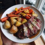 Beef Fillet with Garlic Dijon Sauce and Roasted Vegetables.