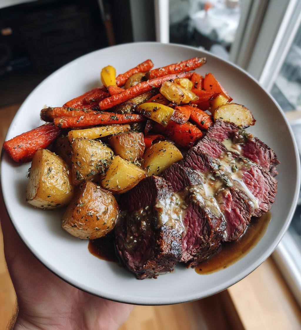 Beef Fillet with Garlic Dijon Sauce and Roasted Vegetables.