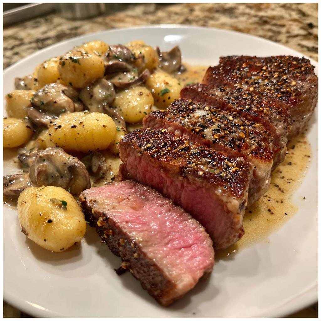 Black Pepper Ribeye with Creamy Mushroom Alfredo Gnocchi