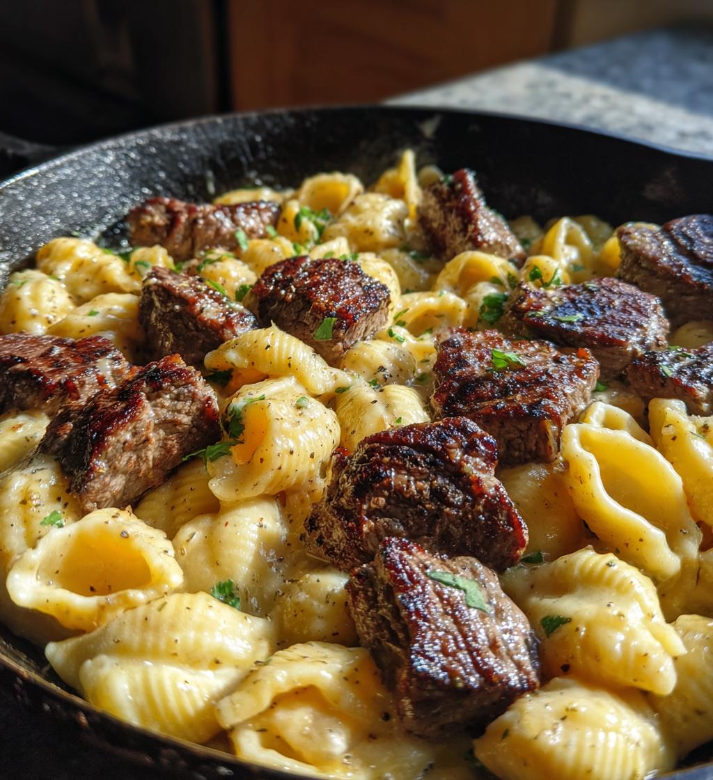 Cajun Steak Bites and Cheesy Garlic Shells Skillet