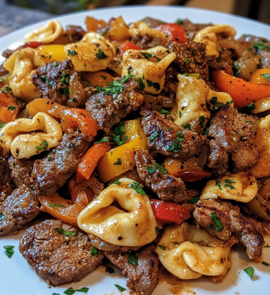 Cheesesteak Tortellini with Provolone Sauce.