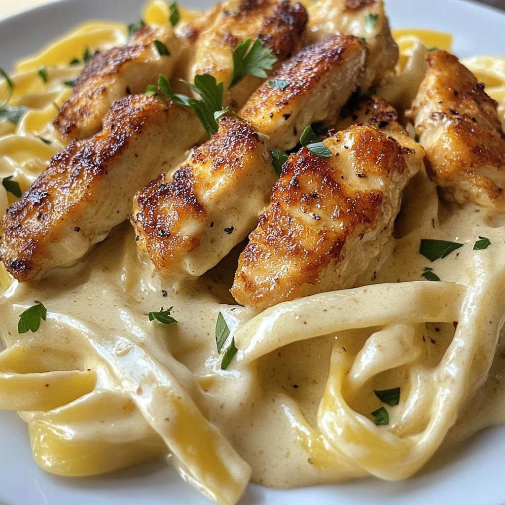 Cheesy Alfredo Twisted Pasta with Golden Garlic Butter Chicken in Creamy Sauce