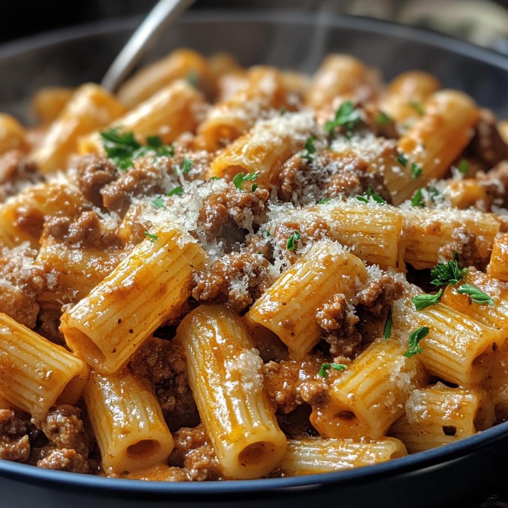 Cheesy Beef and Italian Sausage Rigatoni in Garlic Butter Sauce