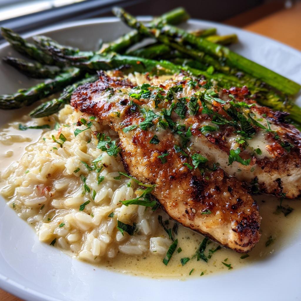 Chicken Scampi with Creamy Garlic Parmesan Rice and Grilled Asparagus