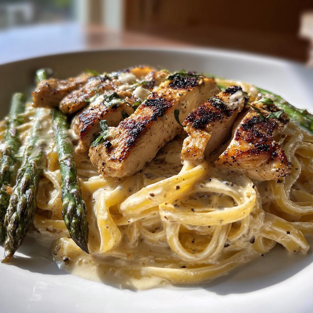 Classic Chicken Alfredo with Grilled Asparagus