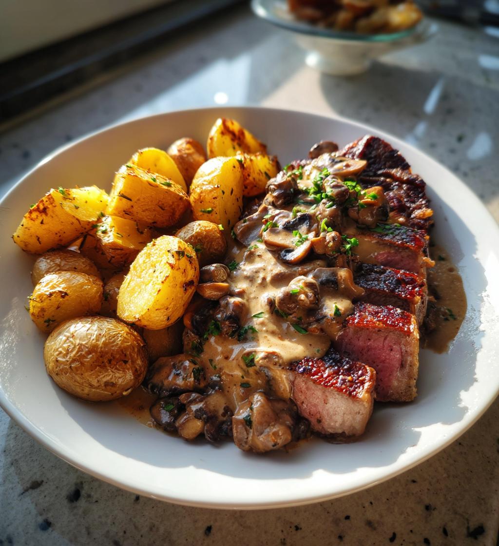 Creamy Mushroom Steak with Roasted Potatoes