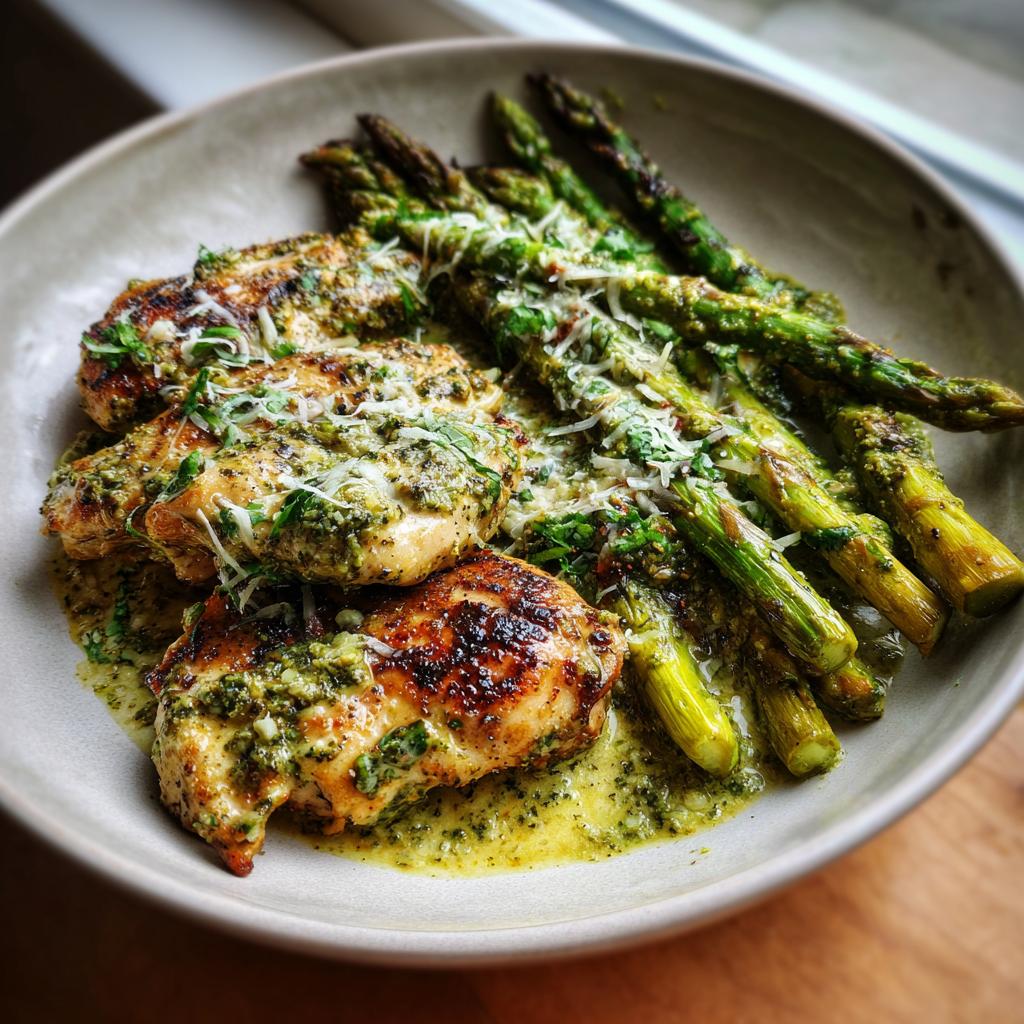 Creamy Pesto Chicken with Roasted Asparagus