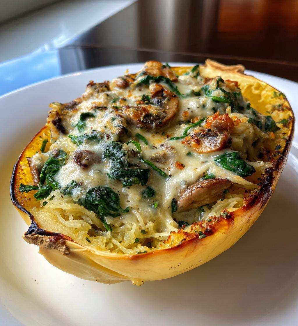 Creamy Spinach and Mushroom Stuffed Spaghetti Squash