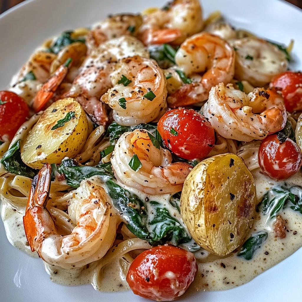 Creamy Tuscan Shrimp Pasta with Roasted Parmesan Potatoes