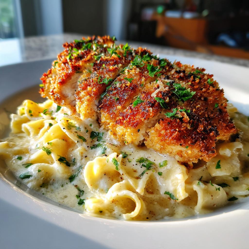 Crispy Parmesan Chicken with Creamy Alfredo Sauce