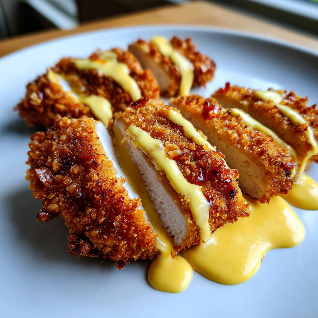 Crispy Pretzel-Crusted Chicken with Creamy Mustard Cheddar Sauce