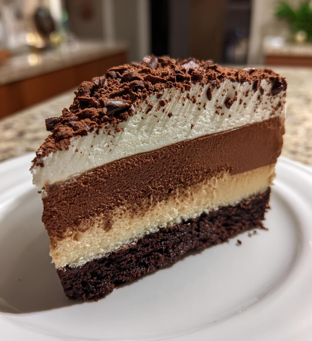 Decadent Triple Chocolate Mousse Cake with Cocoa Dusted Topping.