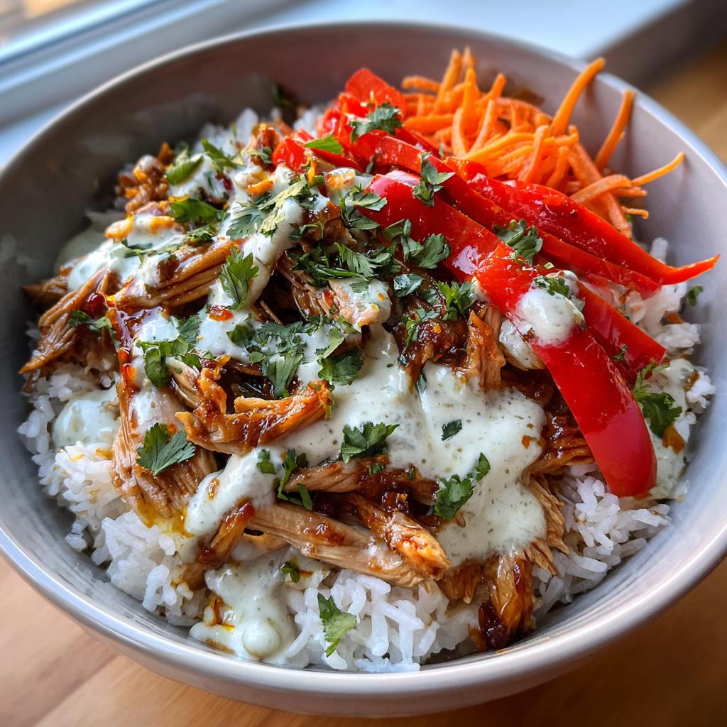 Flavorful Sweet Chili Chicken Bowl Topped with a Refreshing Coconut Lime Sauce