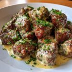 Garlic Butter Beef Bites with Creamy Parmesan Sauce