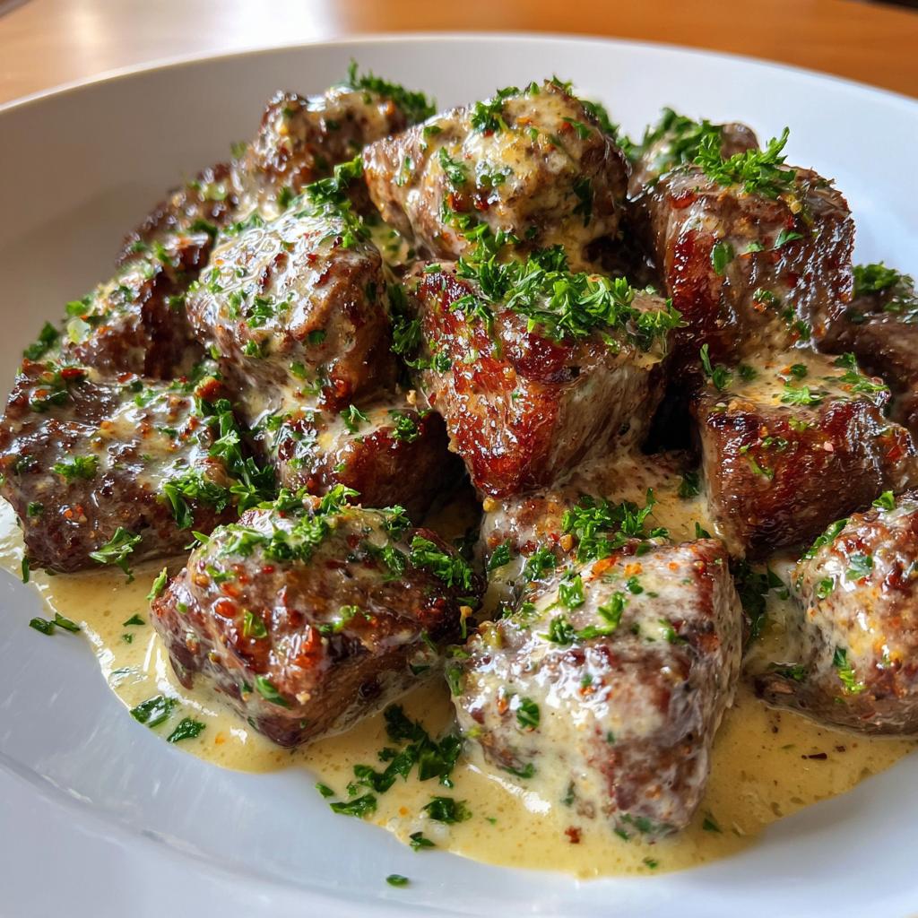 Garlic Butter Beef Bites with Creamy Parmesan Sauce