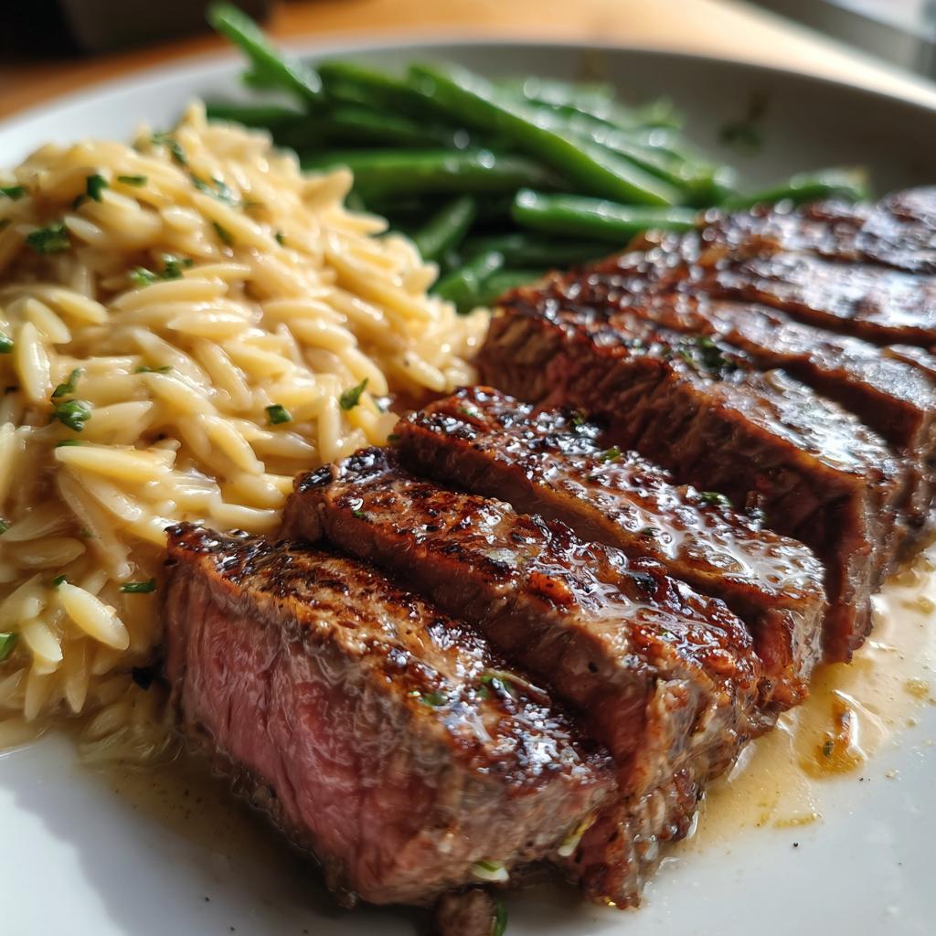 Garlic Butter Strip Steak with Truffle Alfredo Orzo and Parmesan Green Beans.