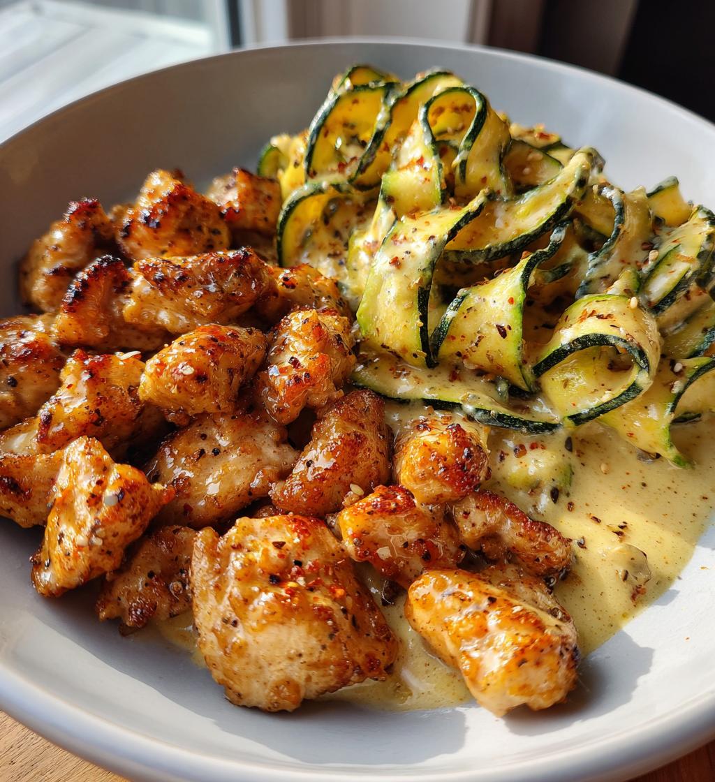 Garlic Chili Oil Chicken Bites Cajun Alfredo with Charred Zucchini Twists.