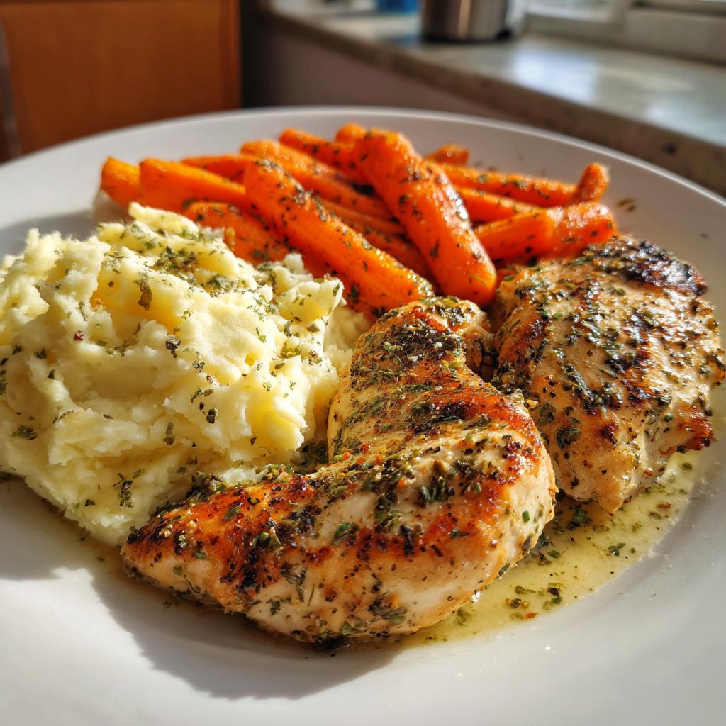 Garlic Herb Chicken with Creamy Mash & Roasted Carrots