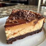 Golden Caramel Cheesecake with Chocolate Ganache Drizzle & Sea Salt Crunch.
