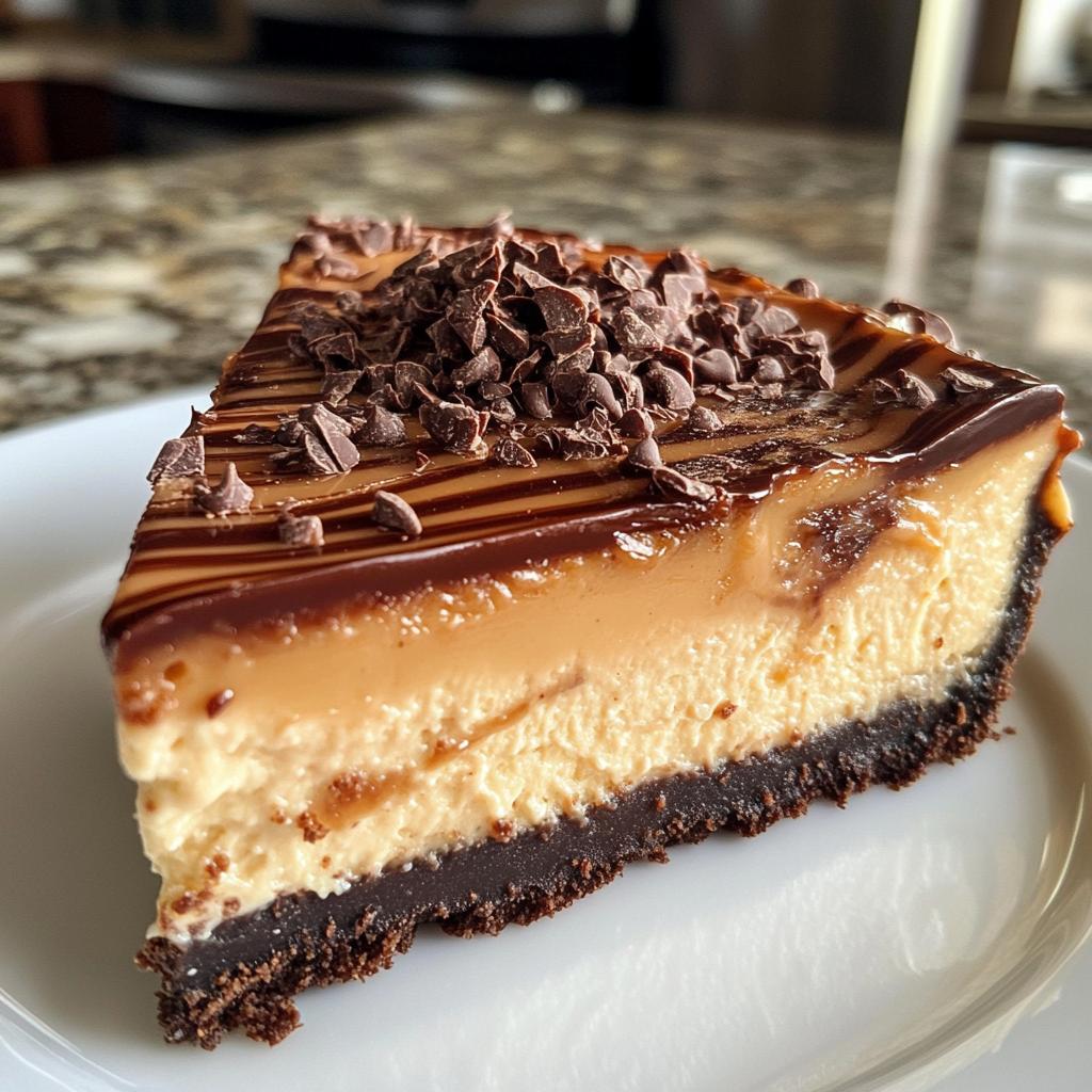 Golden Caramel Cheesecake with Chocolate Ganache Drizzle & Sea Salt Crunch.
