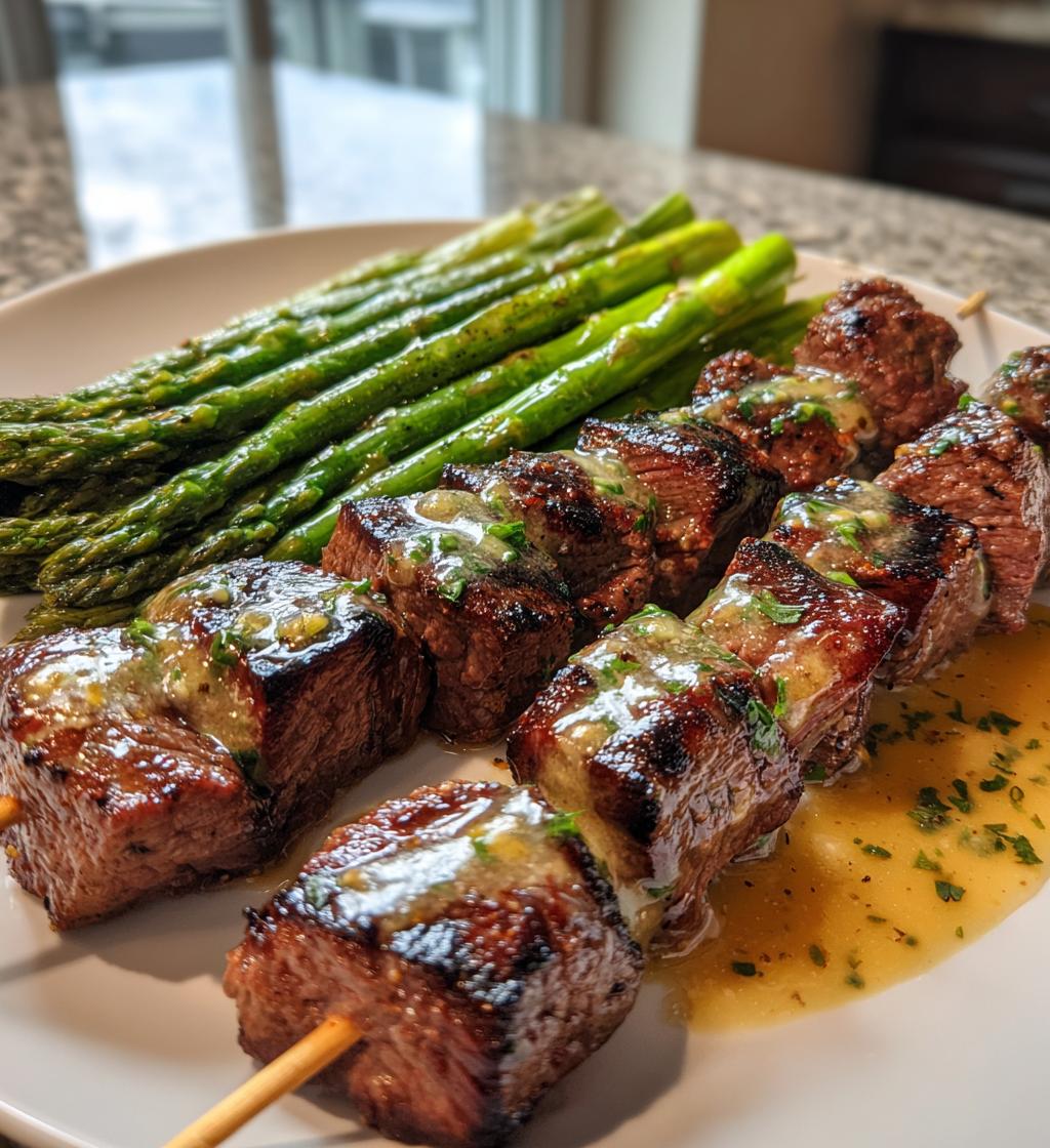 Grilled Beef Skewers with Asparagus and Garlic Butter Sauce