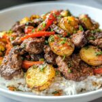 Healthy Beef and Pepper Rice Bowl with Crispy Potato Bites